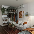 Warm Apartment Interior With Sofa Pillows Coffee Table Green Plant Paintings Floor Lamp And Bookshelf
