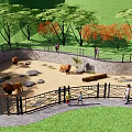 Park Landscape Featuring Fenced Bear Enclosure With Sandy Area Trees And Visitors Walking Nearby