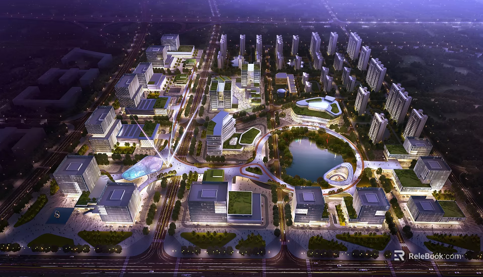 Modern Urban Night Aerial View With Skyscrapers Roads Lake And Green Areas 3d model 
