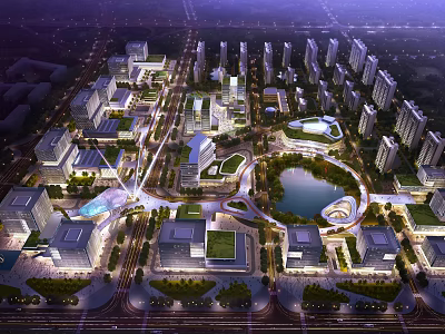 Modern Urban Night Aerial View With Skyscrapers Roads Lake And Green Areas 3d model