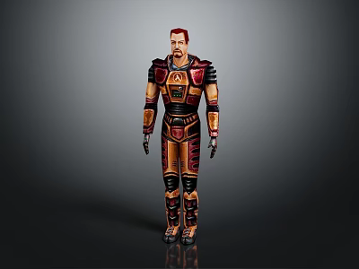 Game Movie Character Wearing Futuristic Sci Fi Battle Armor With Red Gold Intricate Patterns 3d model