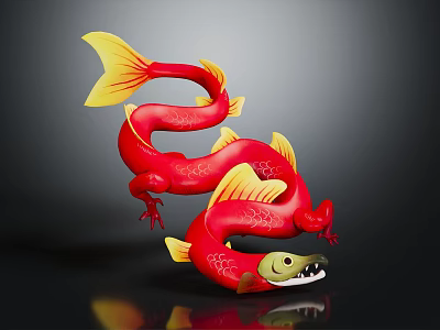 Vibrant Red Yellow Mythical Dragon Fish Creature With Scaled Body And Curved Fishtail 3d model