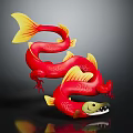 Vibrant Red Yellow Mythical Dragon Fish Creature With Scaled Body And Curved Fishtail