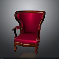 Red Upholstered Armchair With Gold Trim Wooden Arms And Legs Design