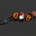 Sci Fi Game and Movie Character in Orange Red Armor Holding Weapon with Floating Sphere