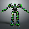 Green And Black Mechanical Robot With Futuristic Design And 3D Rendered Armor Parts