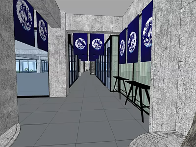 Chinese Style Hotel Corridor With Blue Banners White Patterns Gray Pillars And Gray Tiled Floor 3d model