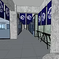 Chinese Style Hotel Corridor With Blue Banners White Patterns Gray Pillars And Gray Tiled Floor