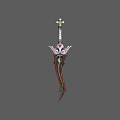 Elaborate Decorative Weapon With Floral Top Accent And Red Black Striped Intricate Blade