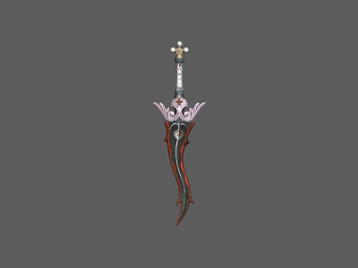 Elaborate Decorative Weapon With Floral Top Accent And Red Black Striped Intricate Blade 3d model
