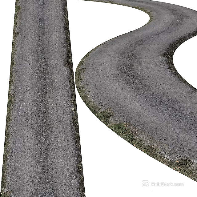 Garden Decorative Features Along Curved Gray Road With Grass Edges And Pathway 3d model 
