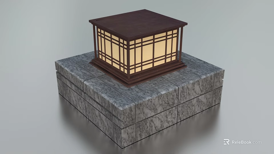 Square Wooden Outdoor Light With Lattice Design Illuminated On Stone Pedestal 3d model 