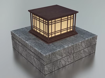Square Wooden Outdoor Light With Lattice Design Illuminated On Stone Pedestal 3d model