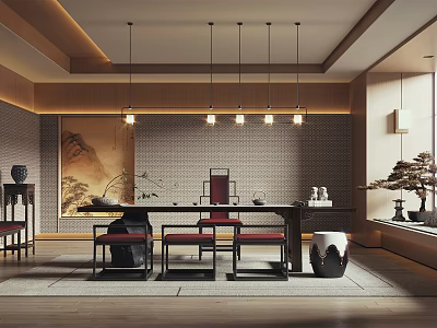 Traditional Tea Room Interior With Chinese Landscape Painting Wooden Table Chairs Hanging Lights Tea Sets 3d model