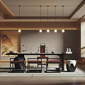 Traditional Tea Room Interior With Chinese Landscape Painting Wooden Table Chairs Hanging Lights Tea Sets