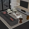 Modern Leather Sofa Coffee Table Set with Circular Beaded Chandelier and Large Window View 3d model