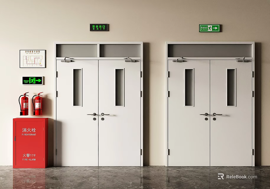 White Double Fire Doors With Emergency Exit Signs Fire Extinguishers And Fire Hydrant Cabinet 3d model 