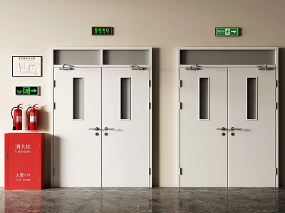 White Double Fire Doors With Emergency Exit Signs Fire Extinguishers And Fire Hydrant Cabinet 3d model