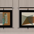 Modern Wall Decor With Two Framed Abstract Paintings And Striped Background