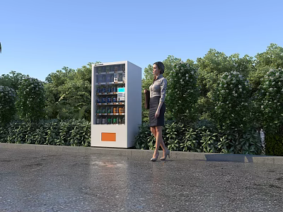 Modern Commercial Outdoor Vending Machine With Woman Standing Beside Surrounding Greenery 3d model
