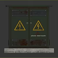 Green Double Door Storage Cabinet With Warning Signs On Concrete Base