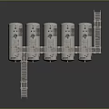 White Industrial Storage Tanks With Red Logos Metal Stairs And Platform Structures
