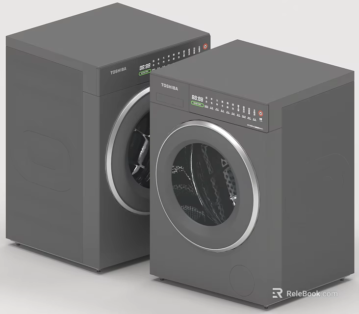 Two Modern Gray Washing Machines With Control Panel And Round Door Design 3d model