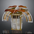 TARDIS Themed Decorative Structure With Red Umbrella Roof White Frame Wooden Door And Arch Design