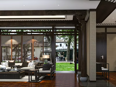 Traditional Chinese Office Interior With Wooden Structure Large Windows And Green Lawn View 3d model