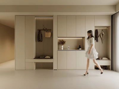 Modern Entryway Shoe Cabinet With Storage Clothing Rack Countertop And Decorative Vase 3d model