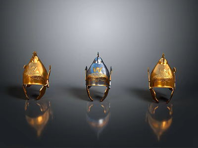 Three Ornate Medieval Helmets With Gold And Blue Metallic Design As Historical Weapons 3d model