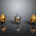 Three Ornate Medieval Helmets With Gold And Blue Metallic Design As Historical Weapons