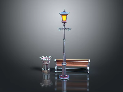 Outdoor Public Equipment Including Street Lamp Wooden Bench And Metal Trash Can 3d model