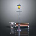 Outdoor Public Equipment Including Street Lamp Wooden Bench And Metal Trash Can