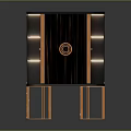 Modern Black And Gold Cabinet With Shelves Circular Ornament And Golden Legs