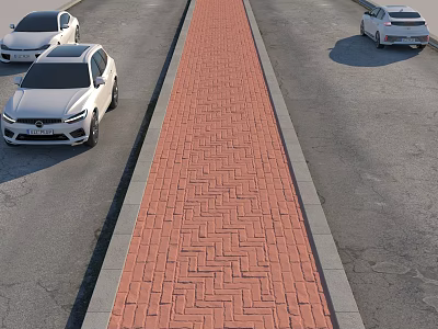 Red Brick Pavement Road Facility With Parked Vehicles And Gray Curb 3d model