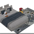 Kids Bed with Stuffed Toys Pillows and Blanket on Soft Rug with Building Blocks