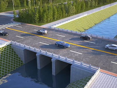 Concrete Road Bridge With Cars Driving On Multiple Lanes Along River And Green Trees 3d model