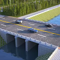 Concrete Road Bridge With Cars Driving On Multiple Lanes Along River And Green Trees