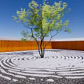 Stylish Courtyard Garden Design With Central Tree Fingerprint Pattern Wooden Borders And Black Gravel Surface