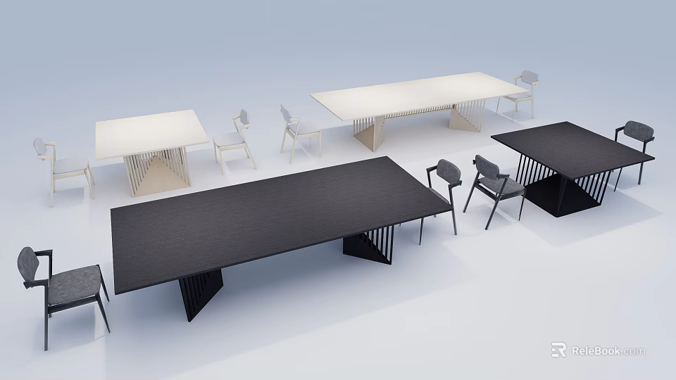 Modern Dining Table Set With Black And White Tables And Minimalist Chairs 3d model 