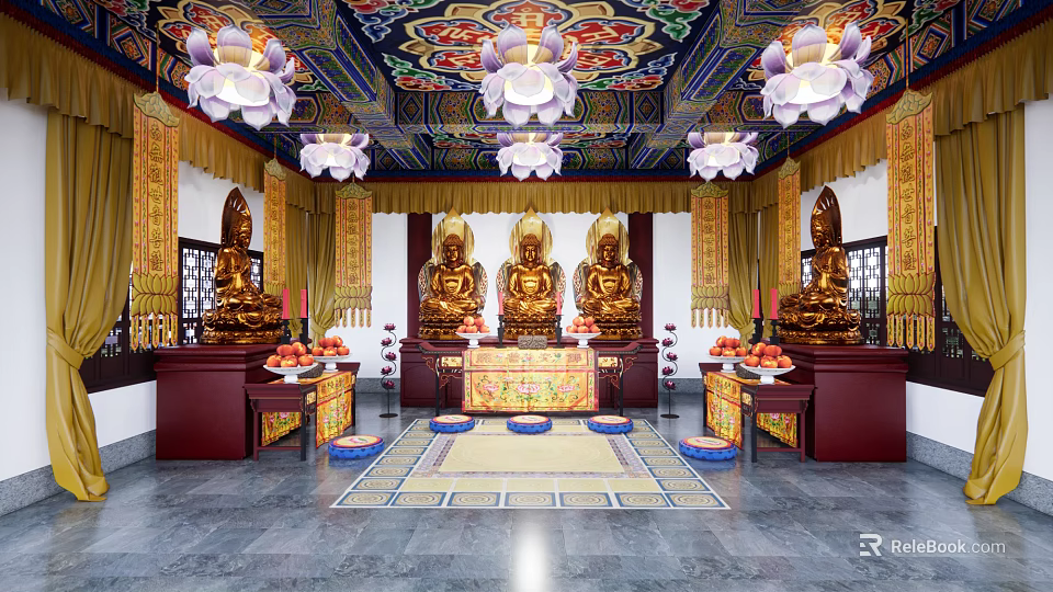 Buddhist Religious Worship Space With Golden Buddha Statues Colorful Ceiling And Lotus Lanterns 3d model 