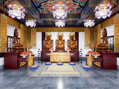 Buddhist Religious Worship Space With Golden Buddha Statues Colorful Ceiling And Lotus Lanterns 3d model