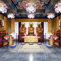 Buddhist Religious Worship Space With Golden Buddha Statues Colorful Ceiling And Lotus Lanterns