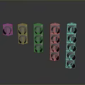 Five Black Traffic Lights Arranged in Row With Circular Lamp Holes and Gray Reflective Background