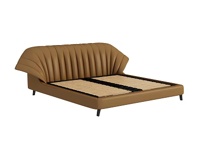 Modern Brown Double Bed With Pleated Leather Headboard And Black Legs Mattress Design 3d model