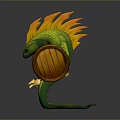 Fantasy Serpent Warrior 3D Model With Green Body Orange Mane Spear And Wooden Shield