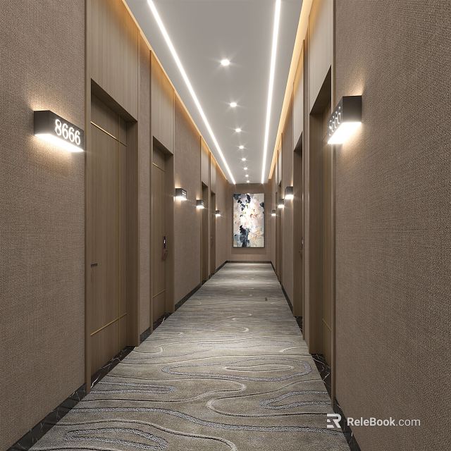 Hotel Corridor With Brown Walls Room Numbers Wall Sconces Ceiling Lights Carpet Artwork At End 3d model 