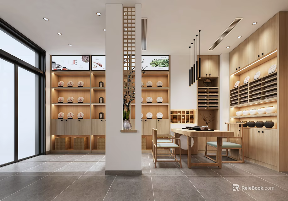 Traditional Tableware Store Interior With Wooden Shelves Displayed Plates Central Table And Bright Lighting 3d model 