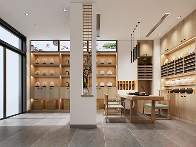 Traditional Tableware Store Interior With Wooden Shelves Displayed Plates Central Table And Bright Lighting 3d model